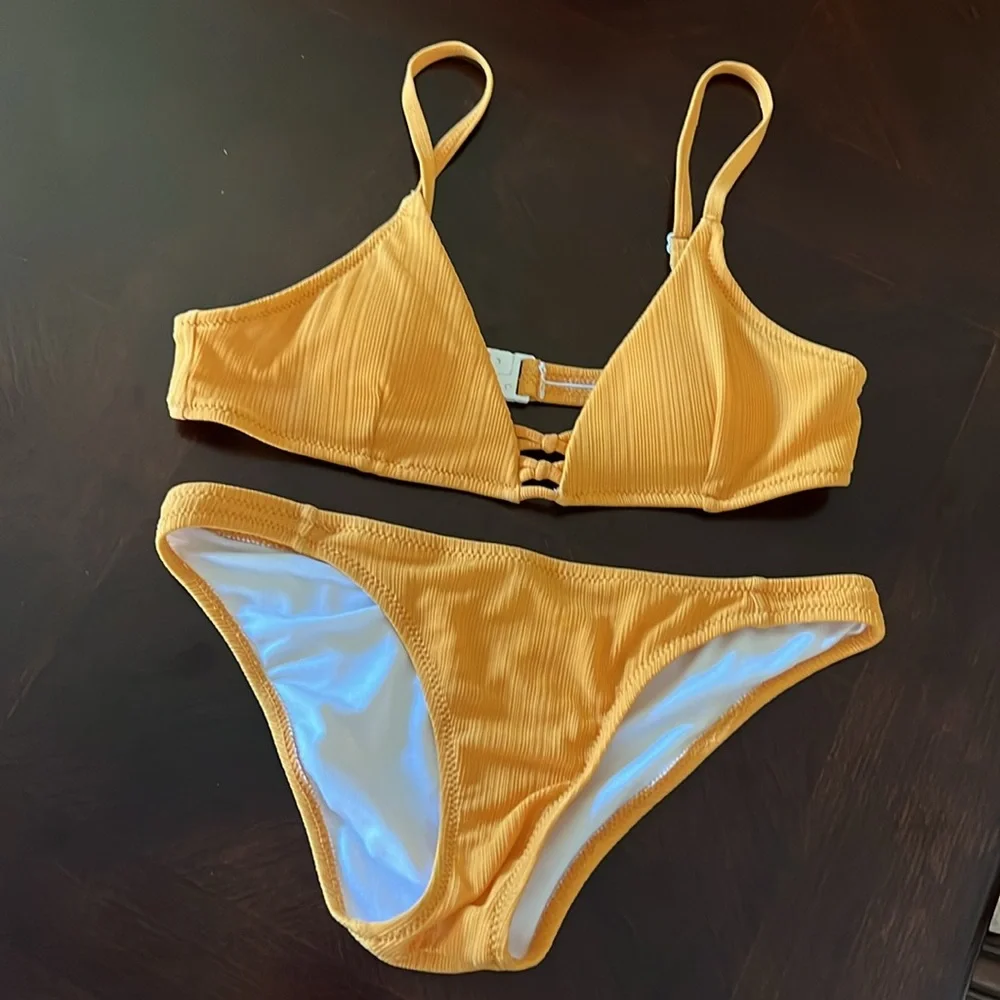 Marigold Yellow Ribbed Triangle Bikini Set Center Ladder Detail Cheeky Small - Picture 5 of 14